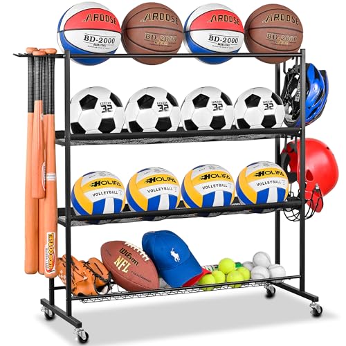 4-Tier Basketball Rack with Wheels, Ball Storage Organizer for Garage