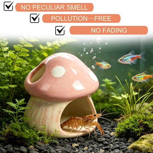 Ceramics Mushroom House Aquarium Decor, Betta Fish Tank Accessories Landscape Decoration, Small Shrimp Goldfishes Habitat Hut Pleco Smalland Breeding Hide Caves Toad House - Pink