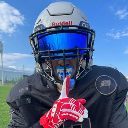 LeCool Football Mouth Guard with Connected Strap- 3D Beast Chrome Adult and Youth Mouth Guard-Mouth Piece for Sports for Maximum Air Flow and Teeth Protection - color: Blue-silver