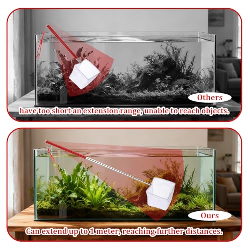 3 Inch Aquarium Net, Fish Net for Fish Tank with 8.6" to 39" Long Extendable Stainless Steel Handle Red Small Square Fine Mesh Shrimp Nets Pond Food Residue Debris Skimming Tool for Fishes Shrimp