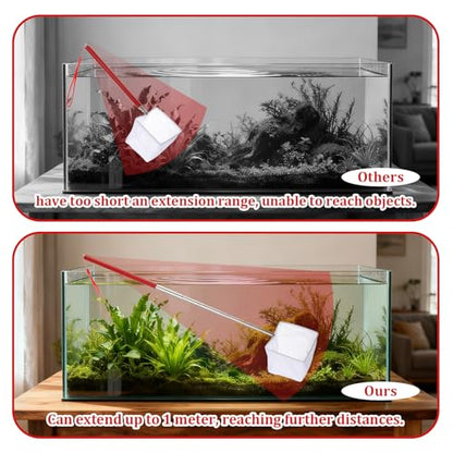 3 Inch Aquarium Net, Fish Net for Fish Tank with 8.6" to 39" Long Extendable Stainless Steel Handle Red Small Square Fine Mesh Shrimp Nets Pond Food Residue Debris Skimming Tool for Fishes Shrimp