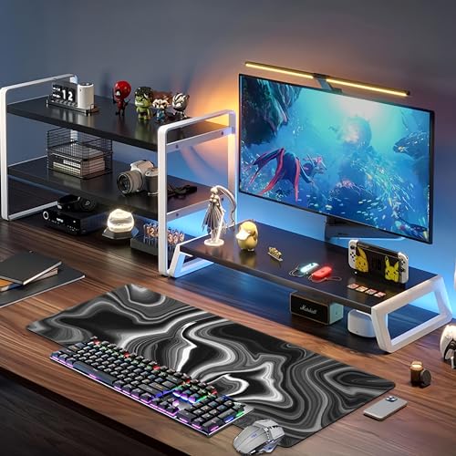 Black and White Marble Desk Mat,Large Marble Ink Texture Gaming Keyboard Mouse Pad,Non-Slip Rubber Base Desk Pad Thick Stitched Edges Waterproof Mousepad Mouse Mat 31.5"x11.8" - color: Black and White Marble