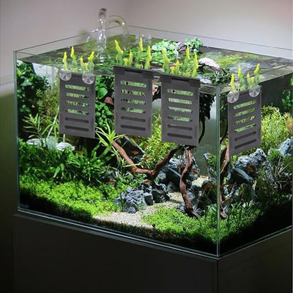 4 PCS Aquarium Plant Holder with 24 Hooks and 8 Suction Cups, Hanging Plant Holder for Fish Tank, Aquatic Plant Pots for Aquarium Decorations Plants, Hanging Aquatic Planter Cups (Black)