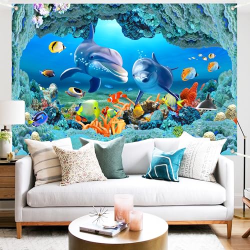 Ocean Dolphins Backdrop 8x6 FT Under the Sea Cave Photo Backdrops Underwater Corals Fish Party Decorations Background Kinds Adult Baby Shower Birthday Photo Booth Props