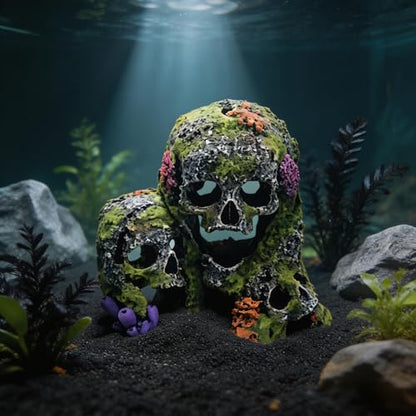 Betta Fish Tank Decorations Hideout - Triple Skull Hiding Cave for Aquarium, Resin Ornament with Artificial Moss Texture and Multiple Entrances for Shrimp, Small Fish - 7.3x4.9x6.1inch