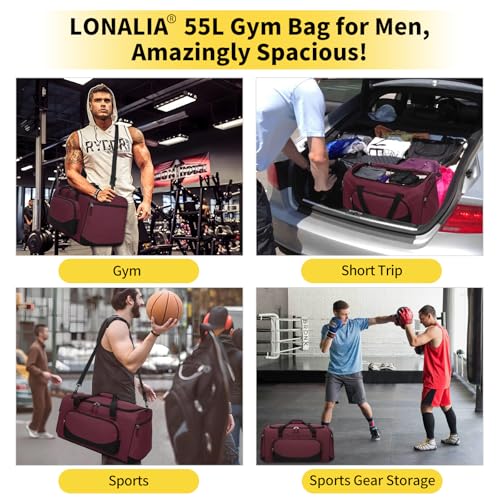 55L Large Sports Duffle Gym Bag for Men, Maroon - color: Maroon