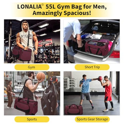 55L Large Sports Duffle Gym Bag for Men, Maroon - color: Maroon