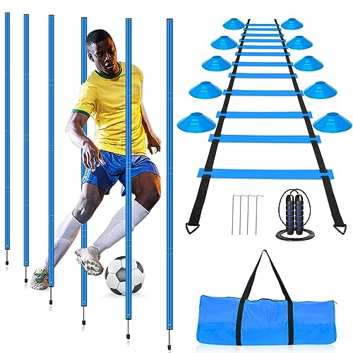 HOTOOLME Agility Training Poles Equipment Soccer Training Equipment Includes 6 Agility Poles,Agility Ladder, 10 Soccer Cones,Jump Rope for Speed Training, Soccer Training, Basketball Athletes & Kids - color: Blue