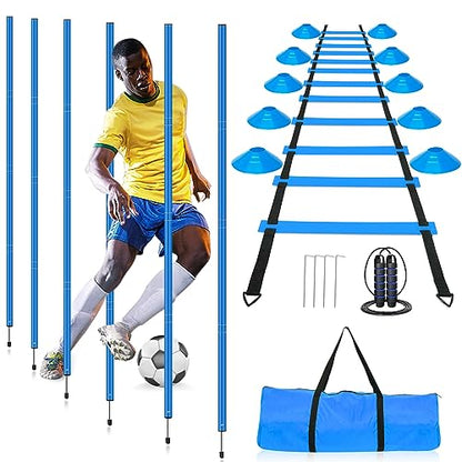 HOTOOLME Agility Training Poles Equipment Soccer Training Equipment Includes 6 Agility Poles,Agility Ladder, 10 Soccer Cones,Jump Rope for Speed Training, Soccer Training, Basketball Athletes & Kids - color: Blue