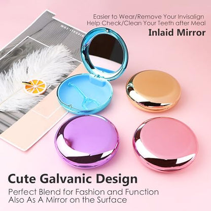 Retainer Case with Mirror, Cute Retainer Holder Case, Slim Aligner Case with Removal Tool, Magnetic Closure, Convenient Orthodontic Case for Invisalign/Night Guard/Mouth Guard - color: Gold