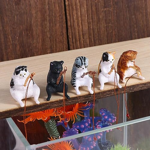 Kopida Fishing Cat Statue 5PCS Creative Kitten Fishing Miniature Figurines Flower Pot Micro Landscape Mini Cute Cat Statue Aquarium Fish Tank Decor Ornaments