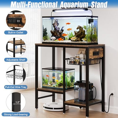 20 Gallon Fish Tank Stand with Power Outlet, Metal Aquarium Stand with Adjustable Shelves and Pull Out Wire Tray, Ample Storage for Fish Tanks Accessories, Reptile Tank Stands, Brown