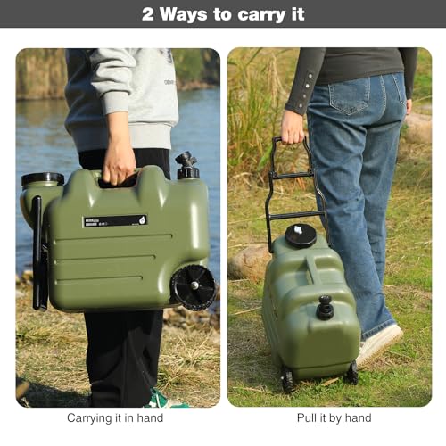 REDCAMP 7.4 Gal Water Container with Wheels & Spigot | Portable Rolling Emergency Camping Water Jug with Folding Handle | BPA Free Food Grade Water Storage Tank for Camping, Hiking(28L, Green)