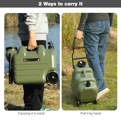 REDCAMP 7.4 Gal Water Container with Wheels & Spigot | Portable Rolling Emergency Camping Water Jug with Folding Handle | BPA Free Food Grade Water Storage Tank for Camping, Hiking(28L, Green)