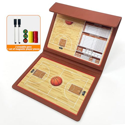 JIANNA Basketball Coach Board 12.6"x9.45" Foldable PU Dry Erase w/Magnets | 2 erasable pens + magnetic player markers