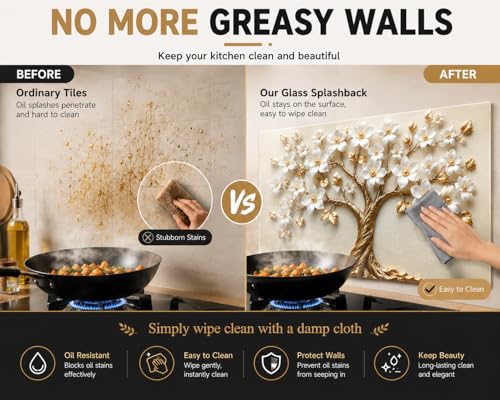 Evgosm Tempered Glass Backsplash for Kitchen, Flowers Stove Splashback, Glass Backsplash, Used for Kitchen Wall Protection and Decoration, Easy to Install and Clean. (30x16'')
