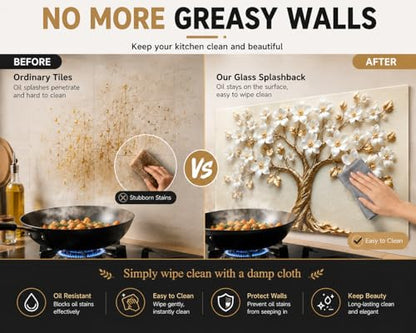Evgosm Tempered Glass Backsplash for Kitchen, Flowers Stove Splashback, Glass Backsplash, Used for Kitchen Wall Protection and Decoration, Easy to Install and Clean. (30x16'')