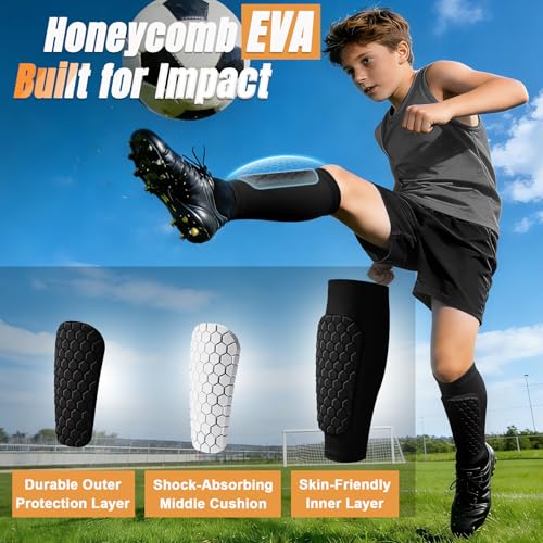 2 Pack Soccer Shin Guards Shin Defender for Kids Youth,XZQTIVE Soccer Shin Pads Shin Guard Sleeve with Honeycomb Padding,High Impact Resistant Compression - color: Black, size: X-Small