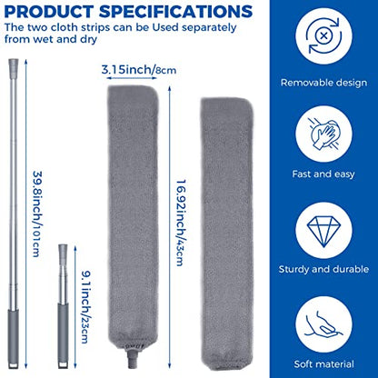 Retractable Gap Dust Cleaner Cleaning Tools with 2 Microfiber Dusting Cloths Long Handle 60inches Washable and Retractable Duster Brush for Cleaning Under Appliances Furniture Couch Fridge