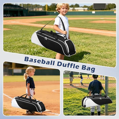 DSLEAF Youth Baseball Duffle Bag for 2 Bats, Small Softball Gear Bag, Black | Front Bat Pocket for 2 Bats, Separate Shoe Compartment,, Portable Handle and Detachable Shoulder Strap