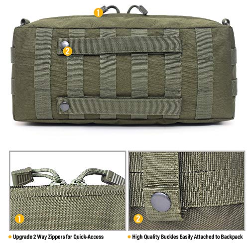 WYNEX Large Molle Pouch, Side Admin Sustainment Pouch for Tactical Backpack | Molle Attachments Bag, Vertical Pack for Military Assault Backpack Army Rucksack, with Shoulder Strap for Use as Sling Bag - color: Army Green (upgraded) - 2 Packs