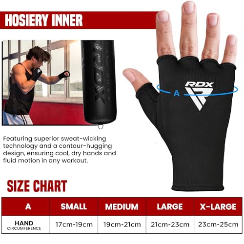 RDX Boxing Hand Wraps Inner Gloves Men Women, Half Finger Elasticated Bandages, Under Mitts Fist Protection, Muay Thai, Kickboxing, MMA, Martial Arts Speed Bag Punching Training - color: Black, size: X-Large