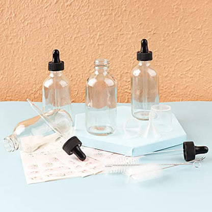 24 Pack 4oz Clear Glass Bottles with Glass Eye Droppers for Essential Oils, Perfumes & Lab Chemicals (2 Brushes, 2 Funnels, 2 Extra Droppers, 36 Pieces Labels & 30ml Measuring Cup Included) - color: Clear