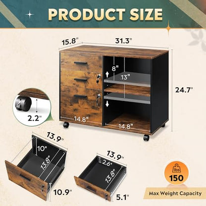 DEVAISE 3-Drawer Wood File Cabinet with Lock, Mobile Lateral Filing Cabinet, Printer Stand with Open Storage Shelves for Home Office, Rustic Brown - color: Rustic Brown