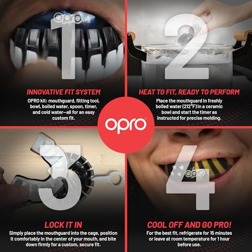 OPRO Instant Custom-Fit Mouthguard – Dentist Level Gum Shield Adult and Kids – OPRO Mouth Guard Boxing and MMA, Self-Fit Gum Shield Rugby – Maximum Protection with Dental Warranty (USA Gold) - color: Usa Gold, size: Adult (10+)