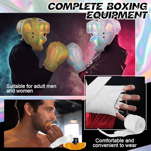 Kanayu 14 Pcs Boxing Gloves and Headgear Set for Beginners Youth 16 Ounce Boxing Gloves Headgear Helmet Hand Wraps Mouth Guards Equipment for Beginners Training Equipment Gifts - color: Holographic Color