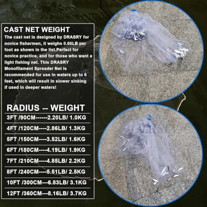 Saltwater American Fishing Cast Net 3/8inch Mesh Size for Bait Shrimp Trap Fish Heavy Duty Sinkers Throw Net 3FT/4FT/5FT/6FT/7FT/8FT/9FT/10FT Radius - color: White B, size: 3FT Radius, style: Mono -Zinc-iron-3/8" Mesh 0.66lb/Ft