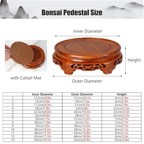 Round Wooden Display Stand With Cattail Mat, Retro Carved Pedestal Base For Vase, Teapot, Buddha, Bonsai Pot(45cm/17.7in) - size: 45cm/17.7in
