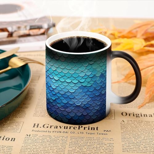 Heat Changing Mug Color Changing Mugs Blue Mermaid Fish Scale Printed Ceramic Heat Sensitive Coffee Cup Discoloration Mug Funny Mugs Magic Funny Art Mug