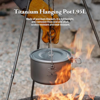 Boundless Voyage Titanium Hanging Pot for Outdoor Camping Backpacking Hiking Ultralight Portable Cooking Pot Camp Kitchen Cookware 1300ML/1950ML/2900ML - color: 1950ml (65 fl oz)