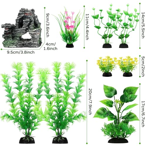Fish Tank Accessories Artificial Plants, 9pcs Green Aquarium Decorations Plants and Cave Rock Decor Set, Aquarium Decor Plastic Plants