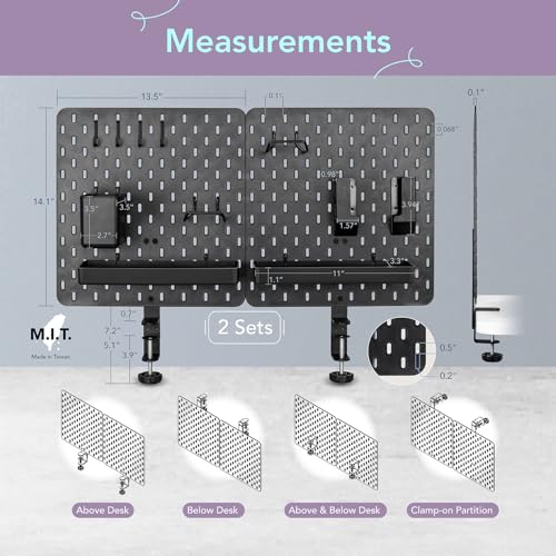 EHO Clamp-On Desk Pegboard, 2Pack (Combined Size 27 x 14 inch) Privacy Divider, Desk Partition Panel, No-Drill Desk Mounted Peg Board Organizer for Office, Gaming, Home, Black