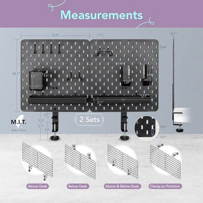 EHO Clamp-On Desk Pegboard, 2Pack (Combined Size 27 x 14 inch) Privacy Divider, Desk Partition Panel, No-Drill Desk Mounted Peg Board Organizer for Office, Gaming, Home, Black