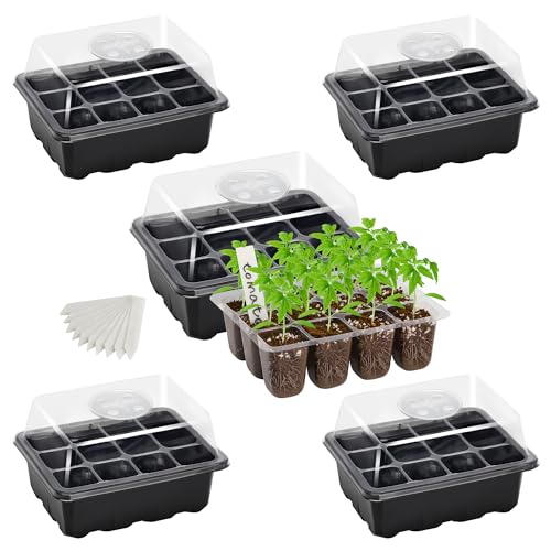 5-Pack Seed Starter Tray Seedling Kits,Plant Starter Kit with Adjustable Humidity Dome and Base Indoor Greenhouse Mini Propagator for Seeds Growing Starting (12 Cells per Tray,Black) - color: Black, size: 5 Packs, NO light
