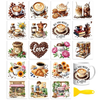 Peacoblue 18 Sheets Rub on Transfers for Crafts, Coffee 3.6"x3.9" UV DTF Cup Wraps Waterproof Cold Transfers Stickers for Wood Glass Metal Cup Tumblers Mirrors Mugs Home Decor - style: Coffee