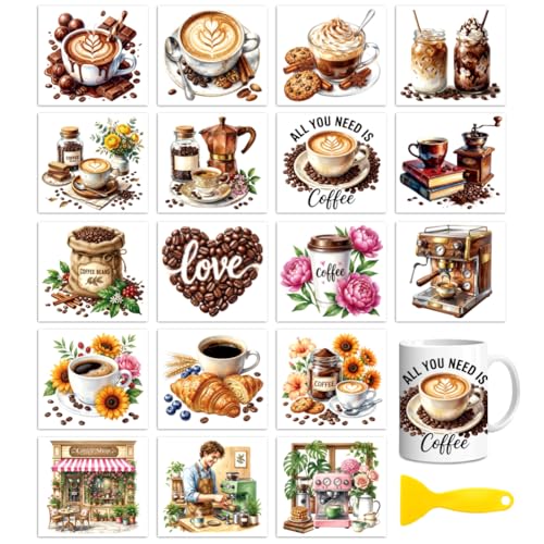 Peacoblue 18 Sheets Rub on Transfers for Crafts, Coffee 3.6"x3.9" UV DTF Cup Wraps Waterproof Cold Transfers Stickers for Wood Glass Metal Cup Tumblers Mirrors Mugs Home Decor - style: Coffee
