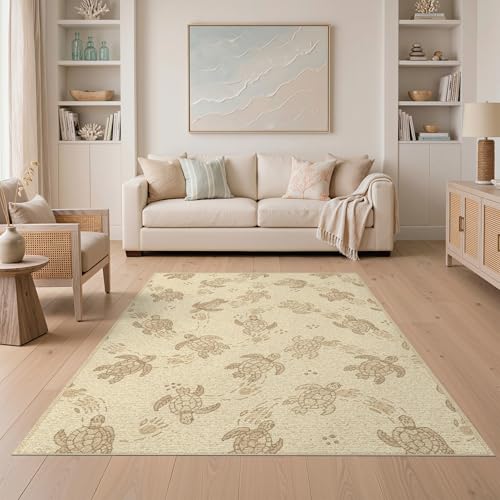 5'x7' Washable Beachy Sea Turtle Area Rug, Beige Non-Shedding Pet Friendly Carpet Easy Care Kids Safe Mat for Small Living Room, Playroom, Bedroom | Ref:1955150 - color: Beige/Pattern 20, size: 5' x 7' (Rectangular)