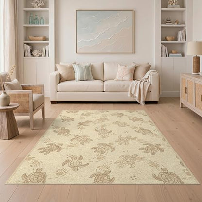 5'x7' Washable Beachy Sea Turtle Area Rug, Beige Non-Shedding Pet Friendly Carpet Easy Care Kids Safe Mat for Small Living Room, Playroom, Bedroom | Ref:1955150 - color: Beige/Pattern 20, size: 5' x 7' (Rectangular)
