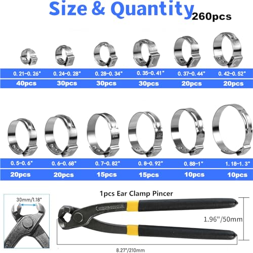 260 PCS 12 Sizes Single Ear Hose Clamps, 5.3-33.1mm 304 Stainless Steel Crimp Hose Clamp Assortment Kit with Ear Clamp Pincer, Cinch Rings Crimp Pinch Tools for Securing Pipe Hoses Automotive Use