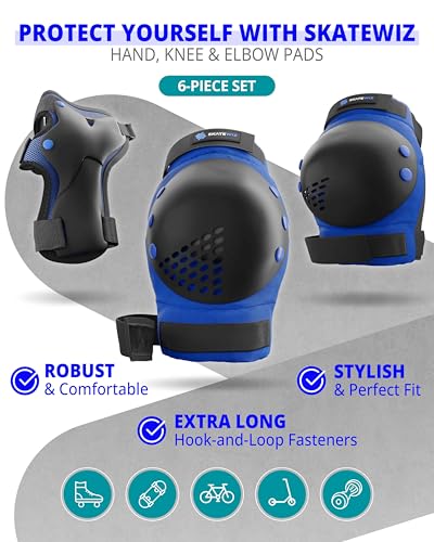 SKATEWIZ Skateboard Pads Protective Gear Set for Kids and Adults - Smash - Roller Skate Pads [6pc] with Wrist Guards - Skating Protective Gear - Roller Derby - color: Blue Black, size: M/L - Kids/Teens