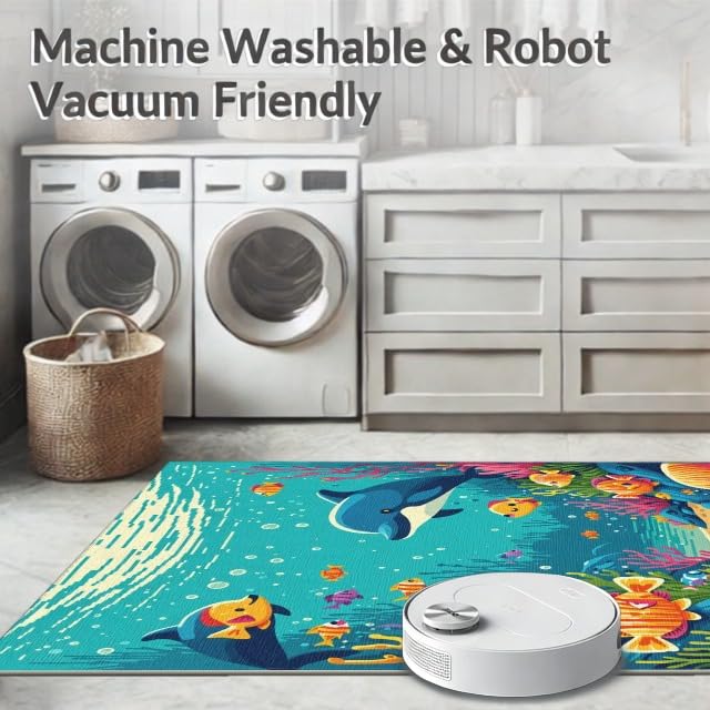 9'x12' Washable Kawaii Fish Oversized Rug, Teal Non-Shedding Pet Friendly Carpet Foldable Easy Care Mat for Master Suite, California King, Under Bed | Ref:1893719