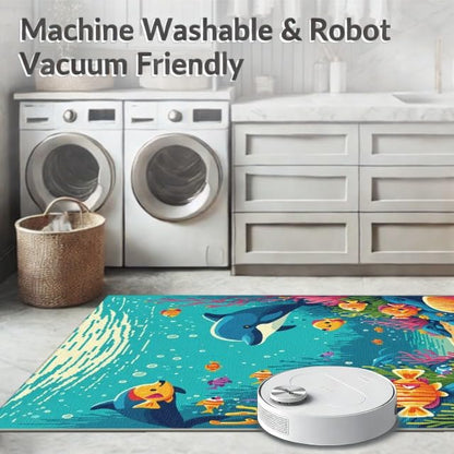 9'x12' Washable Kawaii Fish Oversized Rug, Teal Non-Shedding Pet Friendly Carpet Foldable Easy Care Mat for Master Suite, California King, Under Bed | Ref:1893719