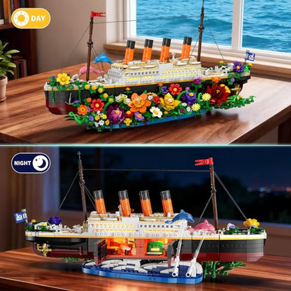 INSOON Botanical Titanic Ship Building Set with Lights, 1860 PCS Floral Display Model, Home Decor Building Kit for Adults, Unique Gift for Women, Flower and Titanic Lovers