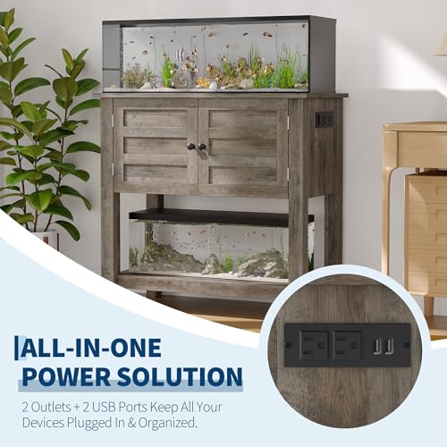 20-29 Gallon Aquarium Stand with Charging Station, Heavy Duty Fish Tank Stand Cabinet Up to 660 LBS, Dual Tier Reptile Turtle Tank Stand with Magnetic Doors, Anti-Tip Aquarium Cabinet Storage Organize