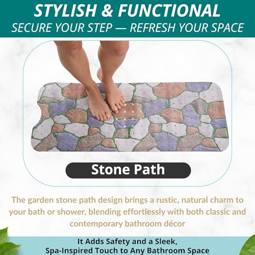 Bath Mat – Large 40 x 16 Inch Non-Slip Bathtub Mat with Secure Suction Cups & Drain Holes – Extra Long Bathroom Shower Mat for Tub with Stone Path Design (40x16 Stone Path) - color: Stone Path