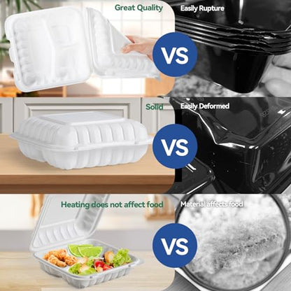 7.8" 30oz 3 Compartment Food Containers - Shrink Wrap Ready to Use | 65 Pack Mineral Filled PP Clamshell | BPA Free Freezer Microwave Safe | Reusable White Lunch Box for Leftovers, Take Out - size: 7.8 inch 30 oz